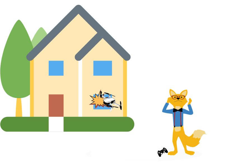 Der Smart Home Fox fliegt eine Drohne in das Fenster eines Nachbarn